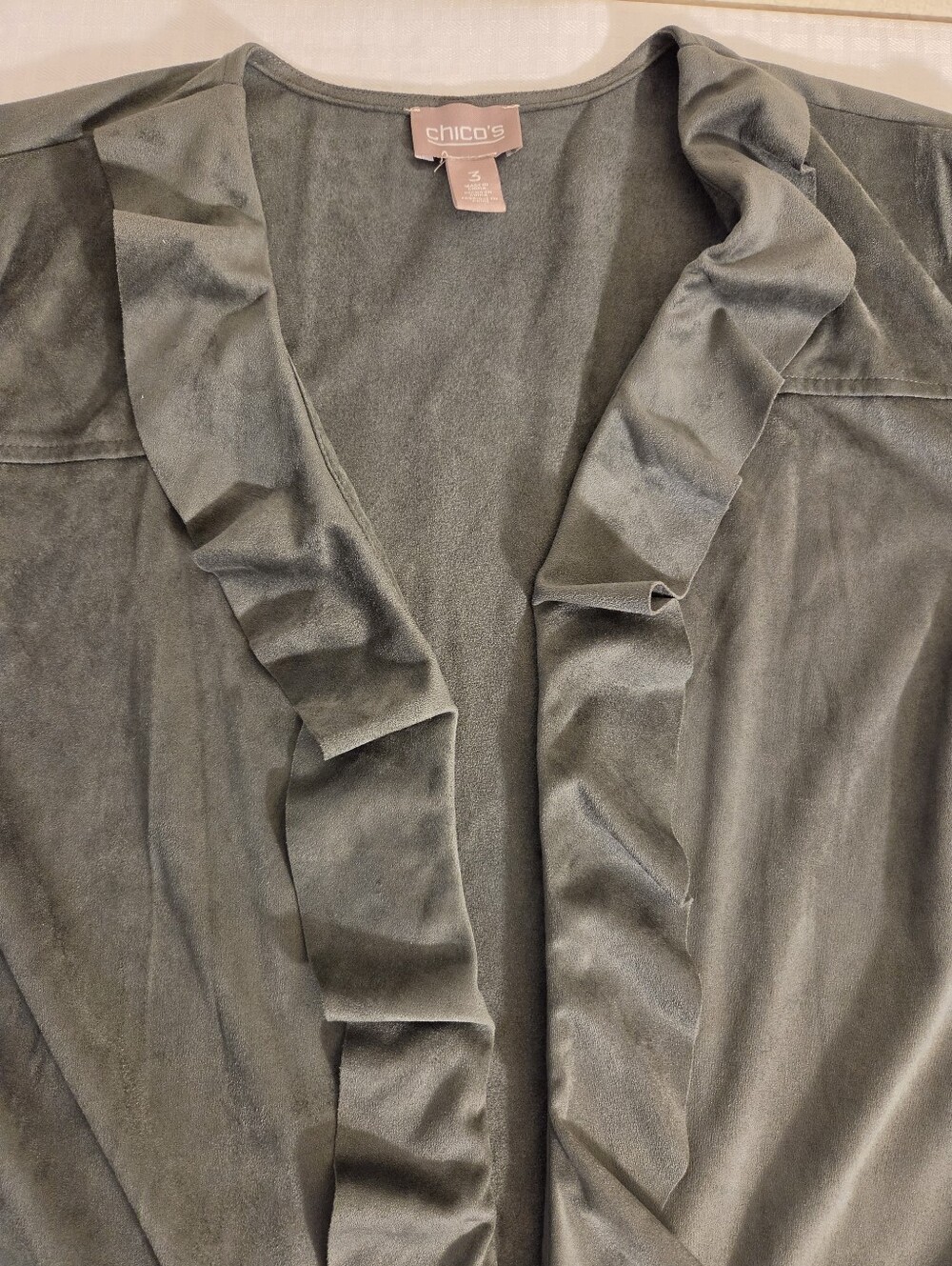 Chico's Open Front Faux Suede Ruffle Lightweight Blazer Jacket size 3 (XL) Green